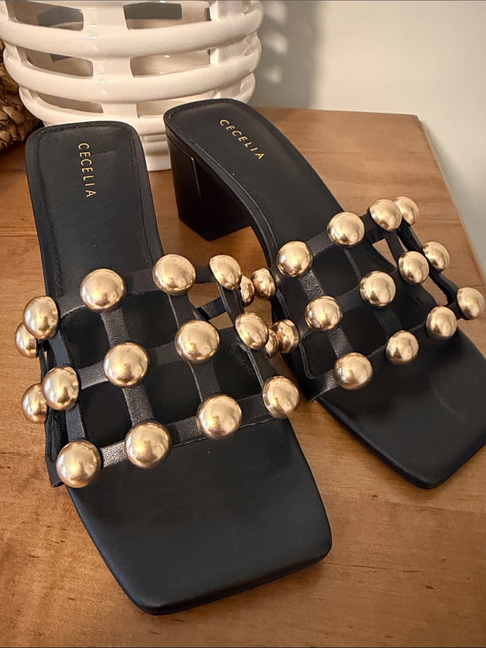 Cecelia Black Leather Block Heel Sandals with Gold Studs